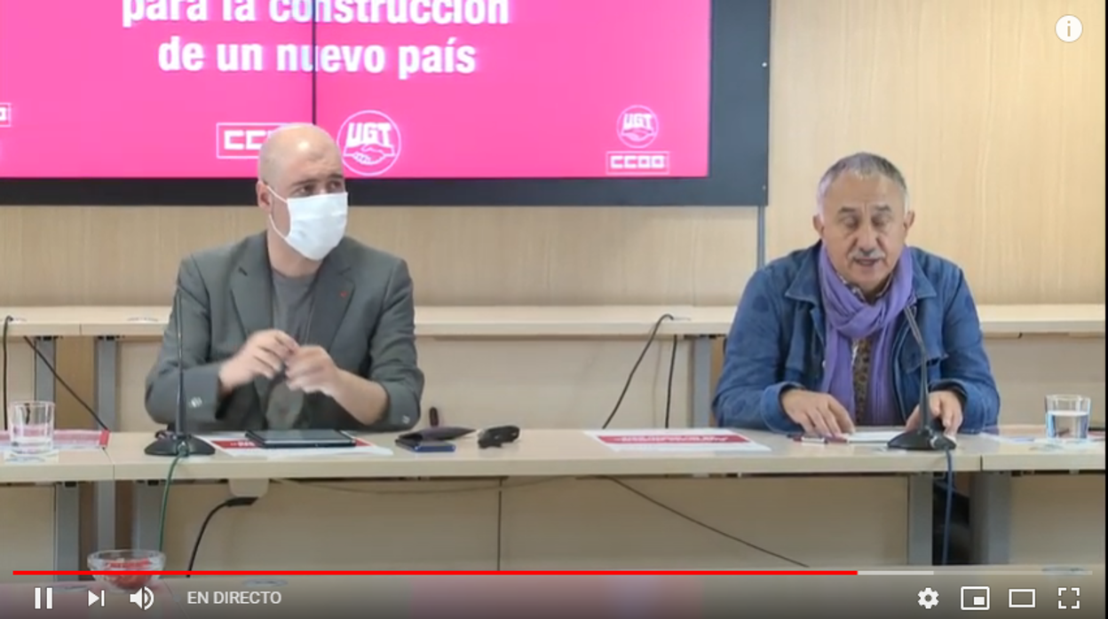 Sorddo y Álvarez, hoy, en la rueda de prensa telemática desde la sede de UGT