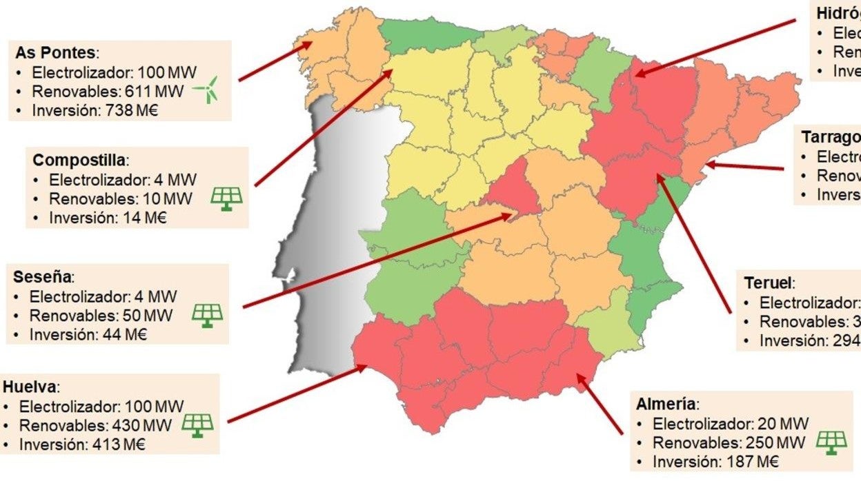 Mapa de proyectos de hidrógeno verde de Endesa en España