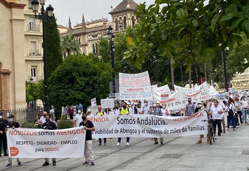 Manifestación este jueves de los trabajadores de Abengoa, que han sido recibidos en el Parlamento andaluz por los consejeros de Transformación Económica y Empleo de la Junta, Rogelio Velasco y Rocío Blanco, respectivamente