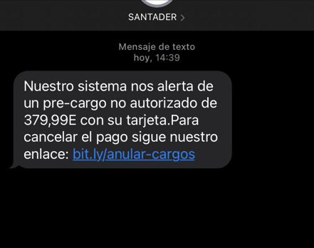 Mensaje sms de estafa electrónica