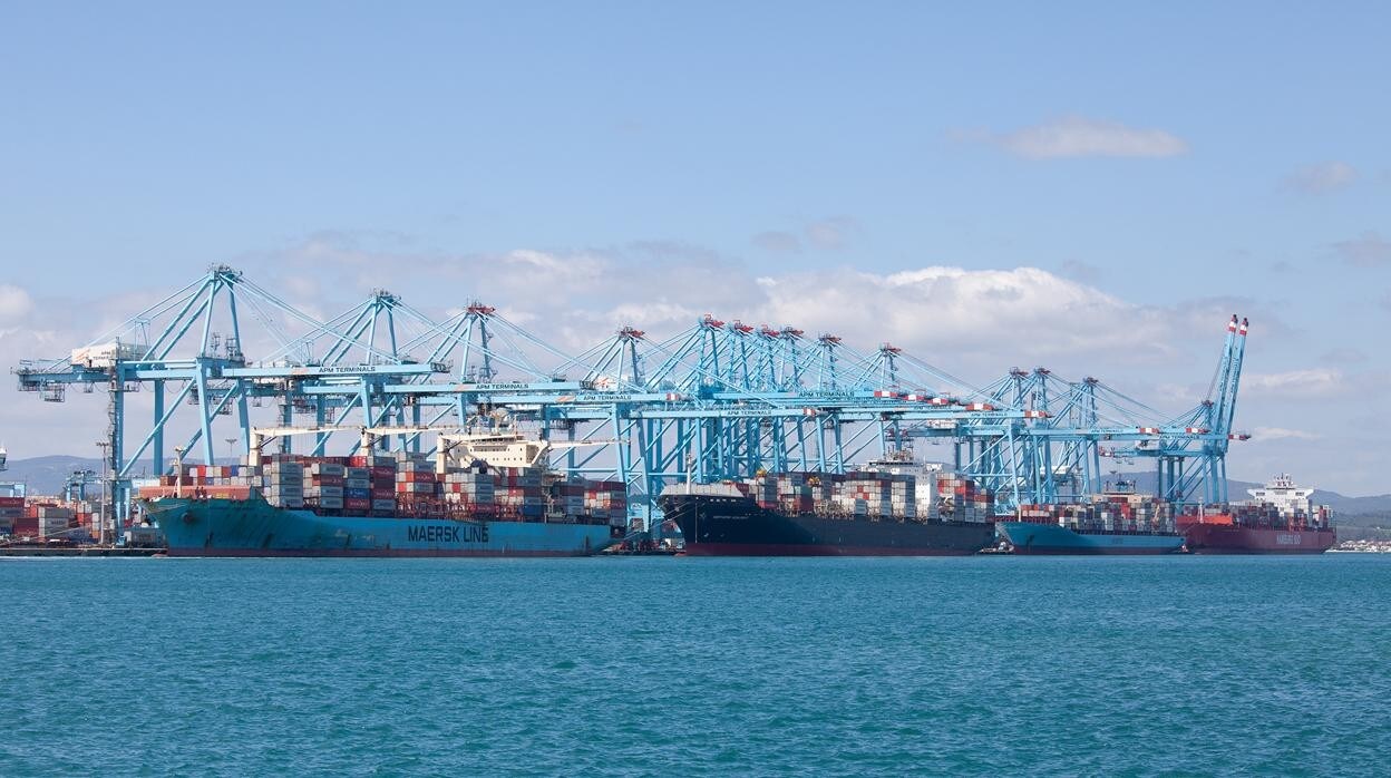 Imagen de varios buques portacontenedores en la terminal de Maersk del puerto de Algeciras