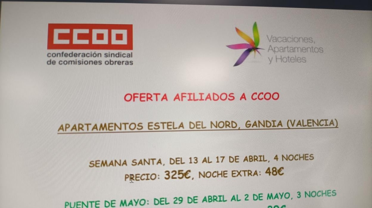 Imagen de una de las ofertas dirigidas a los afiliados de CCOO