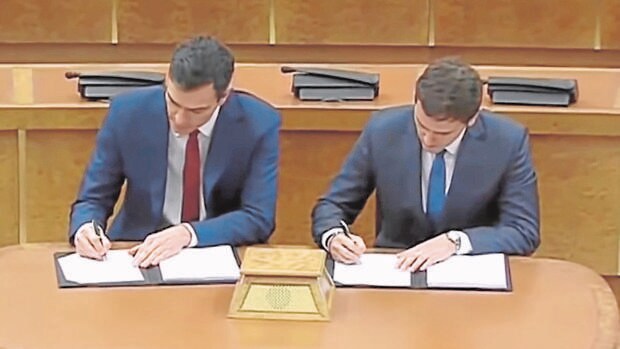 El último vídeo electoral del PP recuerda la firma del pacto Sánchez-Rivera tras las últimas generales