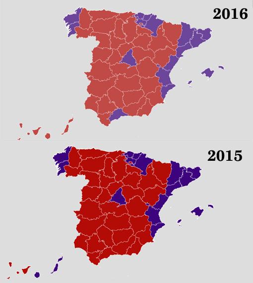 En rojo, provincias donde el PSOE superó a Podemos; en morado, al contrario