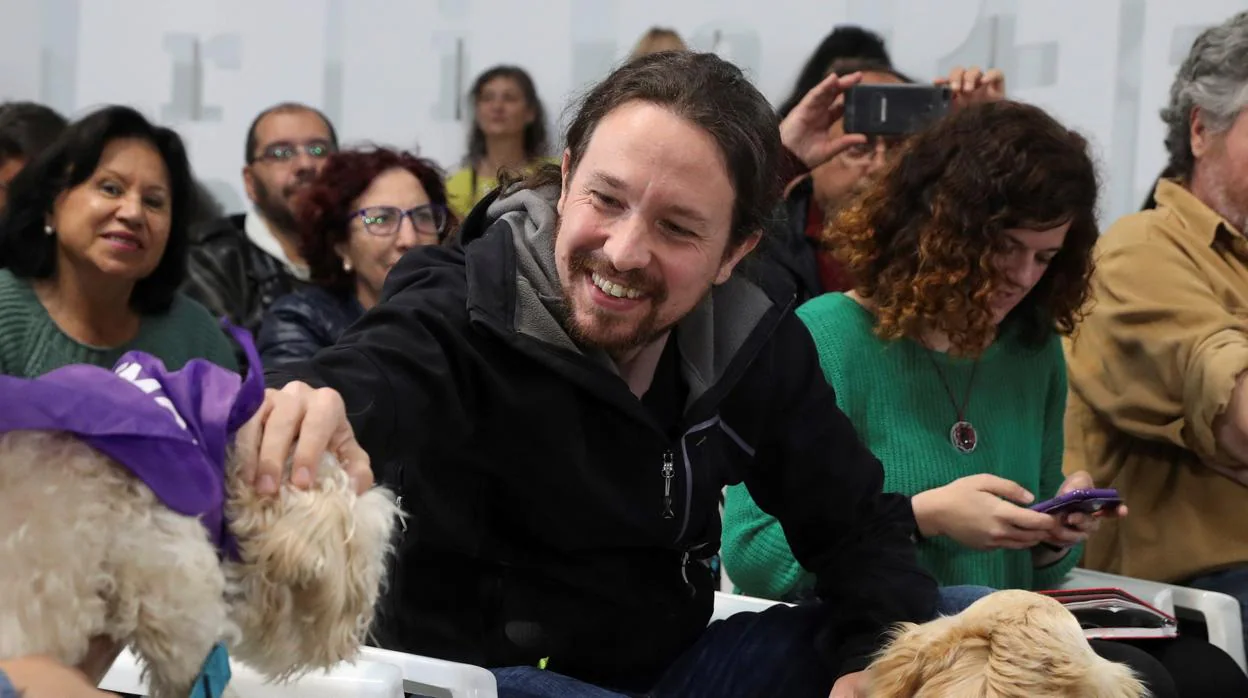 El candidato de Unidas Podemos a la presidencia del Gobierno, Pablo Iglesias, participa en un acto contra el maltrato animal, en Madrid