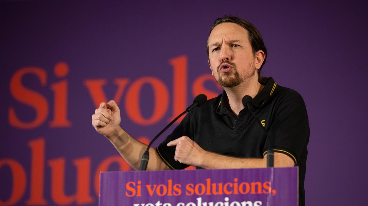 El Secretario General de Unidas Podemos, Pablo Iglesias, durante el acto central de los comuns en Barcelona (España)