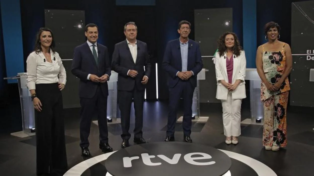 De izquierda a derecha, Olona, Moreno, Espadas, Marín, Nieto y Rodríguez en el debate de la semana pasada en RTVE