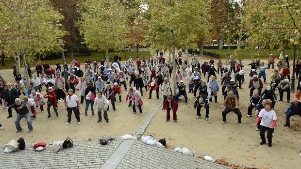 Decenas de jubilados hacen gimnasia, ayer, en el Retiro