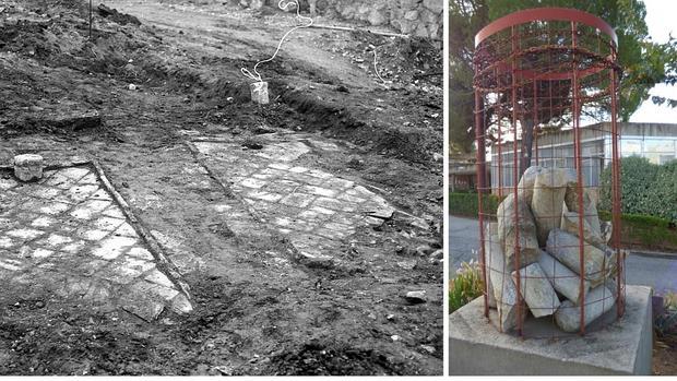 Tumbas excavadas en 1972 junto al puente de la Cava y cipos conservados en la Universidad Laboral