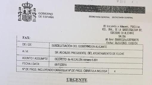 Escrito remitido por la Subdelegación del Gobierno al Ayuntamiento de Elche