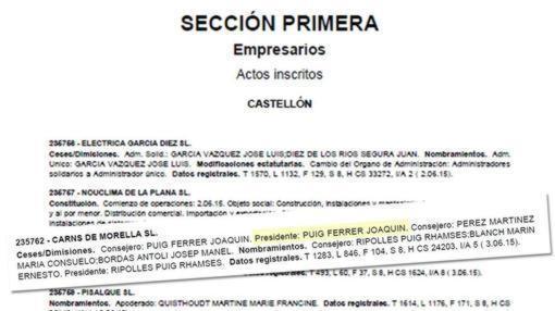 Imagen del BORME que revela que Puig presidió Carns de Morella hasta el pasado mes de junio, cuando ya se habían celebrado las elecciones