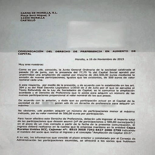 Imagen de la carta enviada a los socios de Carns de Morella S. L.