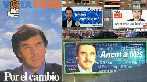 Carteles electorales del PSOE en 1982 (izq.), PP y PSOE en 2004 (arriba) y Aznar en 2000, en catalán