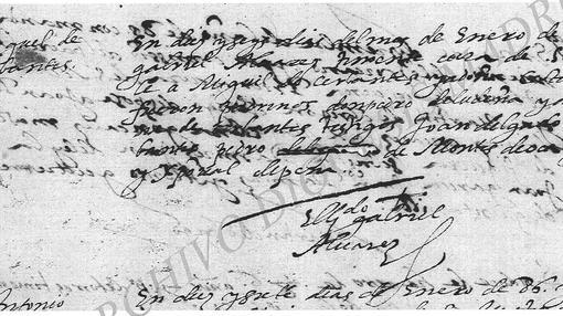 Transcripción.: «En diez y seis días del mes de enero de 86, yo el Licdo. Gabriel Álvarez, teniente cura de San Martín velé a Miguel de Cerbantes y Catalina de Salazar, fueron padrinos don Pedro de Ludeña y doña Magdalena de Cerbantes, testigos Juan Delgado, Rodrigo de Cerbantes, Pedro (enmendado) de Montes deoca, Francisco de Laguna y Cristóbal de Peña. Licdo. Gabriel Álvarez (rúbrica)