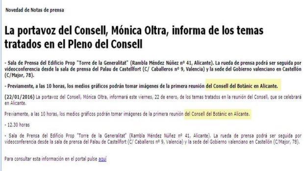 Detalle de la convocatoria remitida este jueves por el Consell