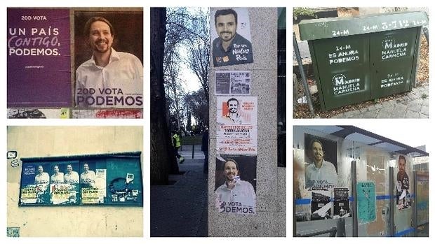 Algunos de los carteles electorales que siguen pegados en diferentes barrios de Madrid