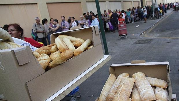 Imagen de la cola ante el Banco de Alimentos de Valencia en un reparto de barras de pan