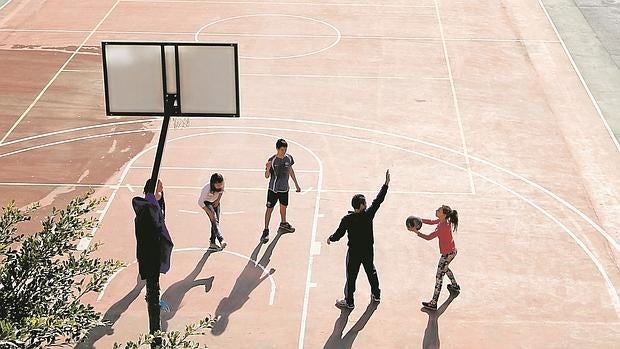 Unos niños juegan a baloncesto en la cancha de un colegio alicantino