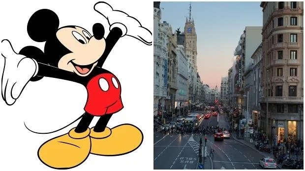 A la izquierda, Mickey; a la derecha, la confluencia de la Gran Vía con la plaza del Callao donde Disney ha intentado abrir su «flagship»