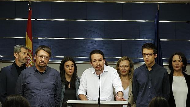 Imagen de Domènech, Iglesias y Errejón, en primer término, tomada el pasado 22 de enero