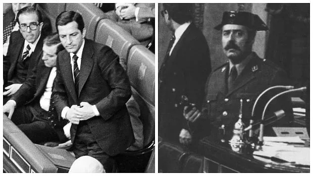 A la izquierda, Adolfo Suárez en el Congreso; a la derecha, Antonio Tejero durante el intengo de golpe de Estado