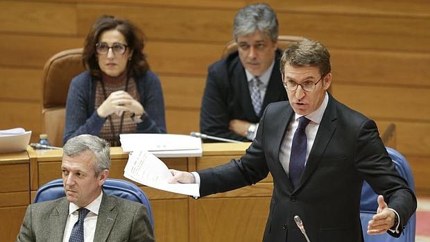 Núñez Feijóo, este miércoles, durante su intervención en el Parlamento gallego