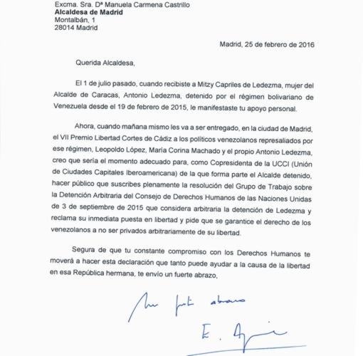 Aguirre insta a Carmena a que reclame la «inmediata» libertad del alcalde de Caracas, Antonio Ledezma