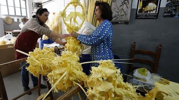 Montaje de palmas blancas para el Domingo de Ramos en Elche.