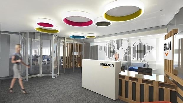 Recreación de la futura recepción del nuevo centro tecnológico de Amazon en la Castellana