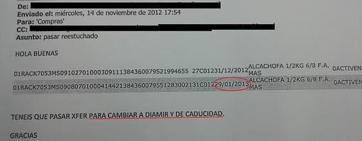 Correo con la caducidad original de las lastas de alcachofas: 29 de enero de 2013