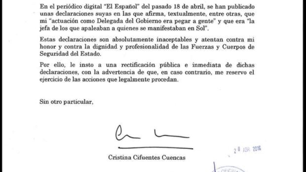 Captura del burofax que Cristina Cifuentes ha enviado este miércoles a Rita Maestre