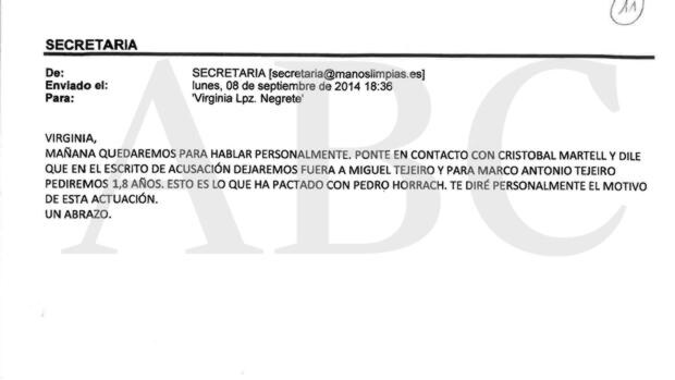 Correo electrónico en el que Miguel Bernad dice a Virginia López que retire la acusación contra Miguel Tejeiro