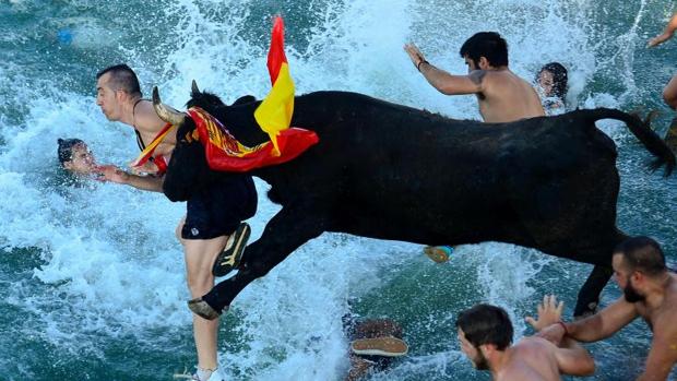 Corredores y vaquilla caen al agua durante los «bous a la mar», este domingo