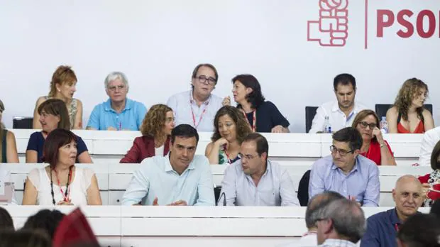 Pedro Sánchez, rodeado de miembros de su partido en el Comité Federal de este sábado