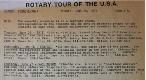 Imagen de parte del itinerario del «Rotary Tour of the Estados Unidos 1991