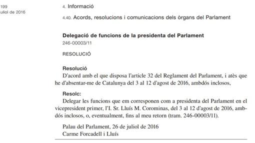 Imagen del Boletín oficial del parlamento Catalán donde Carme Forcadell avisa de su ausencia entre los días 3 y 12 de agosto y delega funciones en Lluís Corominas