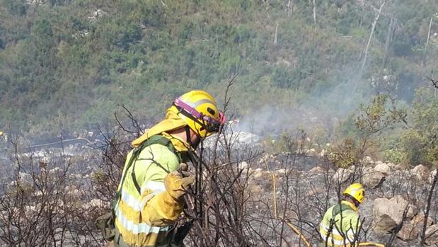 Los bomberos forestales combaten el incendio de Adsubia