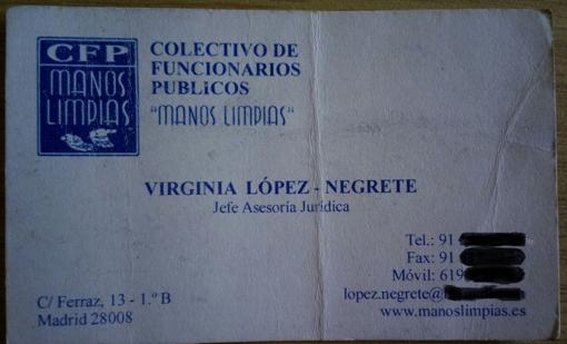 Tarjeta de visista de López Negrete como «Jefe de Asesoría Jurídica» de Manos Limpias