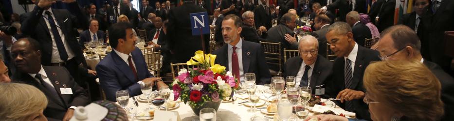 Septiembre de 2016: El Rey, durante el almuerzo ofrecido a los participantes en la Asamblea General de la ONU. Coincidió en la mesa con el presidente de Estados Unidos, Barack Obama