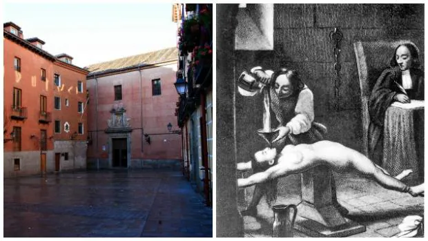 La plaza del Conde de Miranda; al lado, una tortura de la Inquisición a una mujer