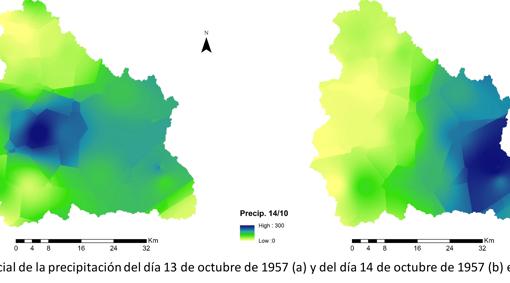 Distribución espacial de la precipitación del 13 y 14 de octubre de 1957