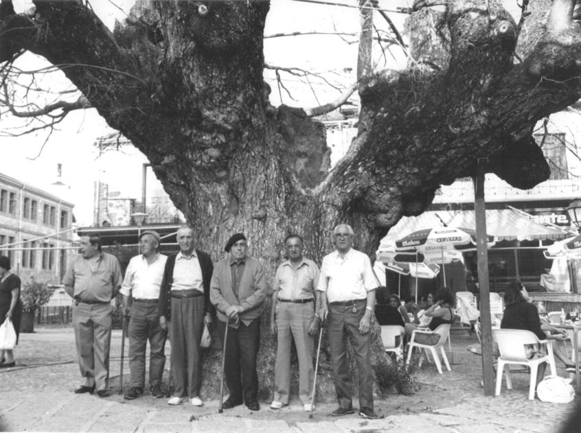 Varios vecinos de Miraflores, junto al olmo centenario de la localidad, en 1989