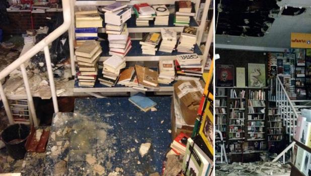 La librería Alberti sufre daños al desprenderse el techo sobre el material expuesto y los ordenadores