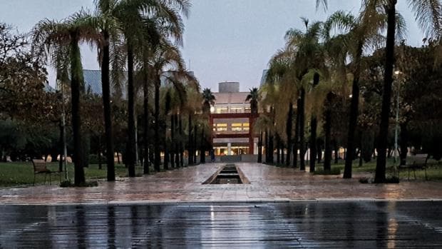Suelo mojado por la lluvia en el campus alicantino, una estampa inusual, este miércoles por la mañana