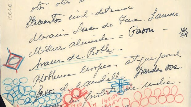 Anotaciones y dibujos en una de las hojas personales de trabajo de Franco
