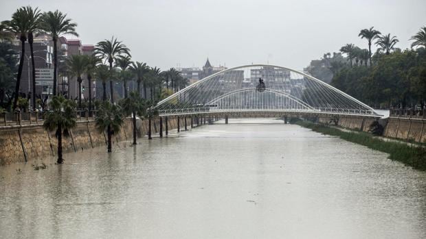 El rio Segura a su paso por Murcia, ha alcanzado este domingo los 100 metros cúbicos por segundo
