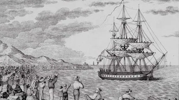 Litografía de Manini y Cía que recoge la salida de la corbeta María Pita de un puerto americano
