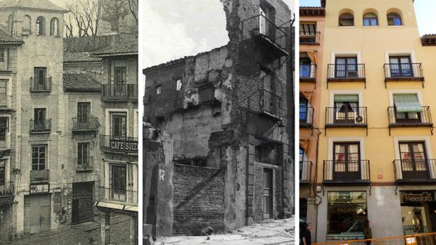 Ubicación de la Casa de Socorro en la cuesta del Alcázar. Aspecto del edificio en 1906, finales de 1936 y en octubre de 2016