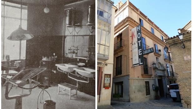 Quirófano de la Mutualidad Soliss en 1935 en la plaza Horno de los Bizcochos (Archivo fotográfico de Soliss Mutualidad de Seguros). Aspecto actual donde estuvo la clínica (Foto Rafael del Cerro)