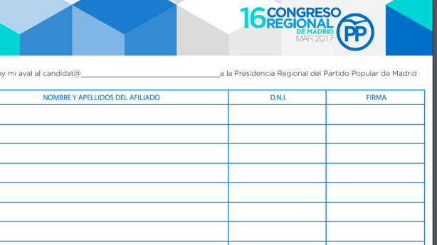 Hoja de avales para los candidatos al XVI Congreso Regional del PP de Madrid